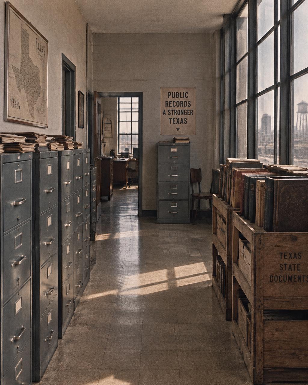 A 1960s records room: metal filing cabinets, stacked wooden book crates, tall steel-frame windows